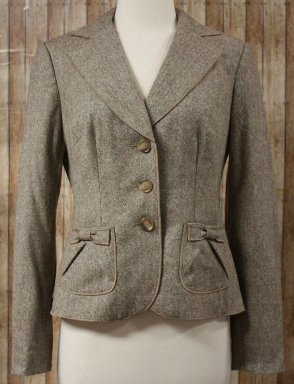 Dark academia equestrian natural fiber Virgin Wool Blazer Fitted Bow Pockets